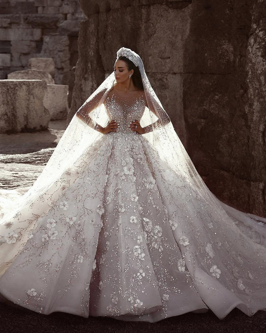 Long Sleeves Ball Gown Sweetheart Beading Floral Lace Wedding Dresses - Image 2