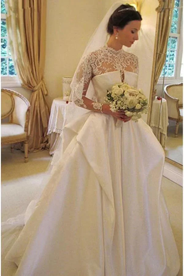 Long Sleeves High Neck Lace Court Train Satin Wedding Dress WD159 - Image 2