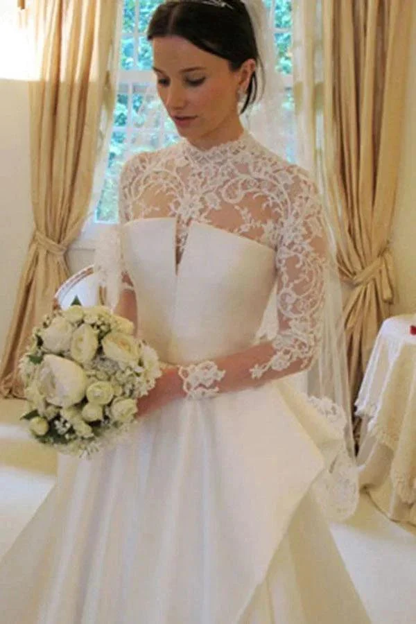 Long Sleeves High Neck Lace Court Train Satin Wedding Dress WD159 - Image 3