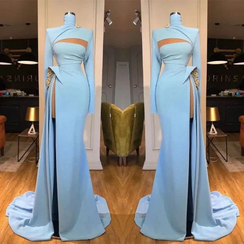 Long Sleeves High Neck Mermaid Prom Dress Long With Slit - Image 2