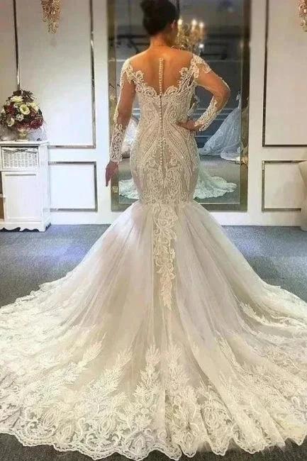 Long sleeves Ivory Sweetheart Fit and Flare Lace Wedding Dress - Image 2