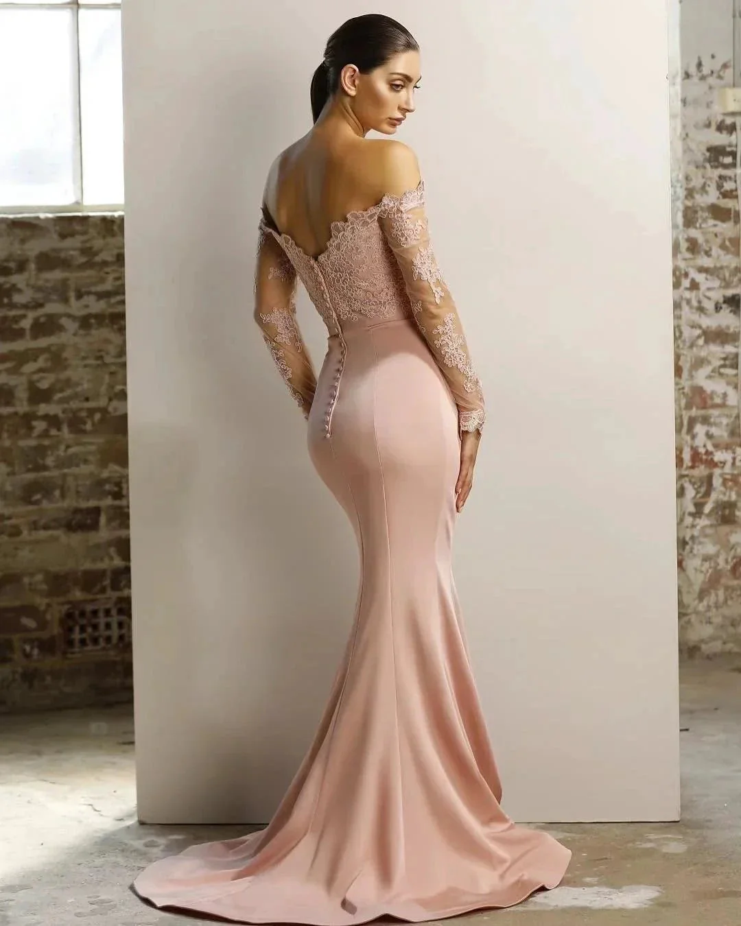 Long Sleeves Lace Prom Dress Off the Shoulder Bridesmaid Dress - Image 2