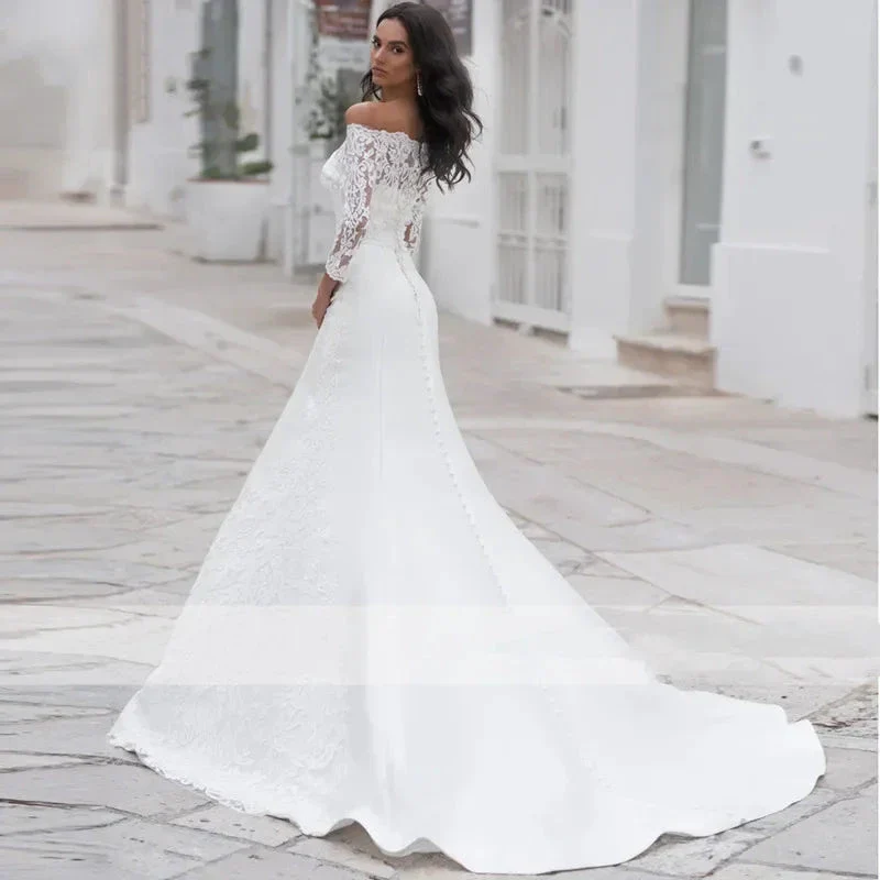 Long Sleeves Lace Wedding Dress For Women Brides Sexy Boat Neck Mermaid Appliques Bridal Gown Custom Made - Image 2