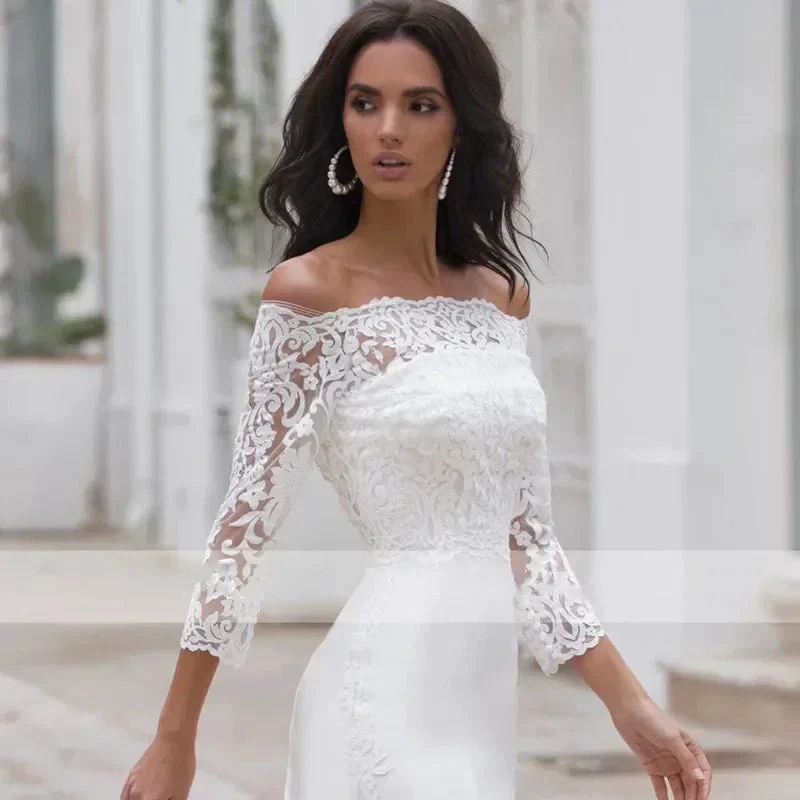 Long Sleeves Lace Wedding Dress For Women Brides Sexy Boat Neck Mermaid Appliques Bridal Gown Custom Made - Image 3