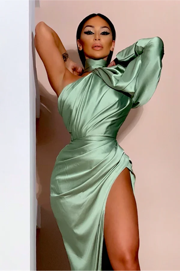 Long Sleeves Mermaid High Neck Satin Formal Prom Dress With Split - Image 2