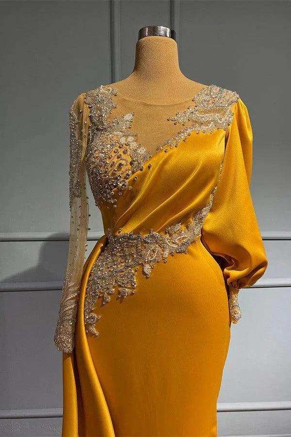 Long Sleeves Mermaid Jewel Asymmetric Beading Satin Formal Prom Dresses - Image 2