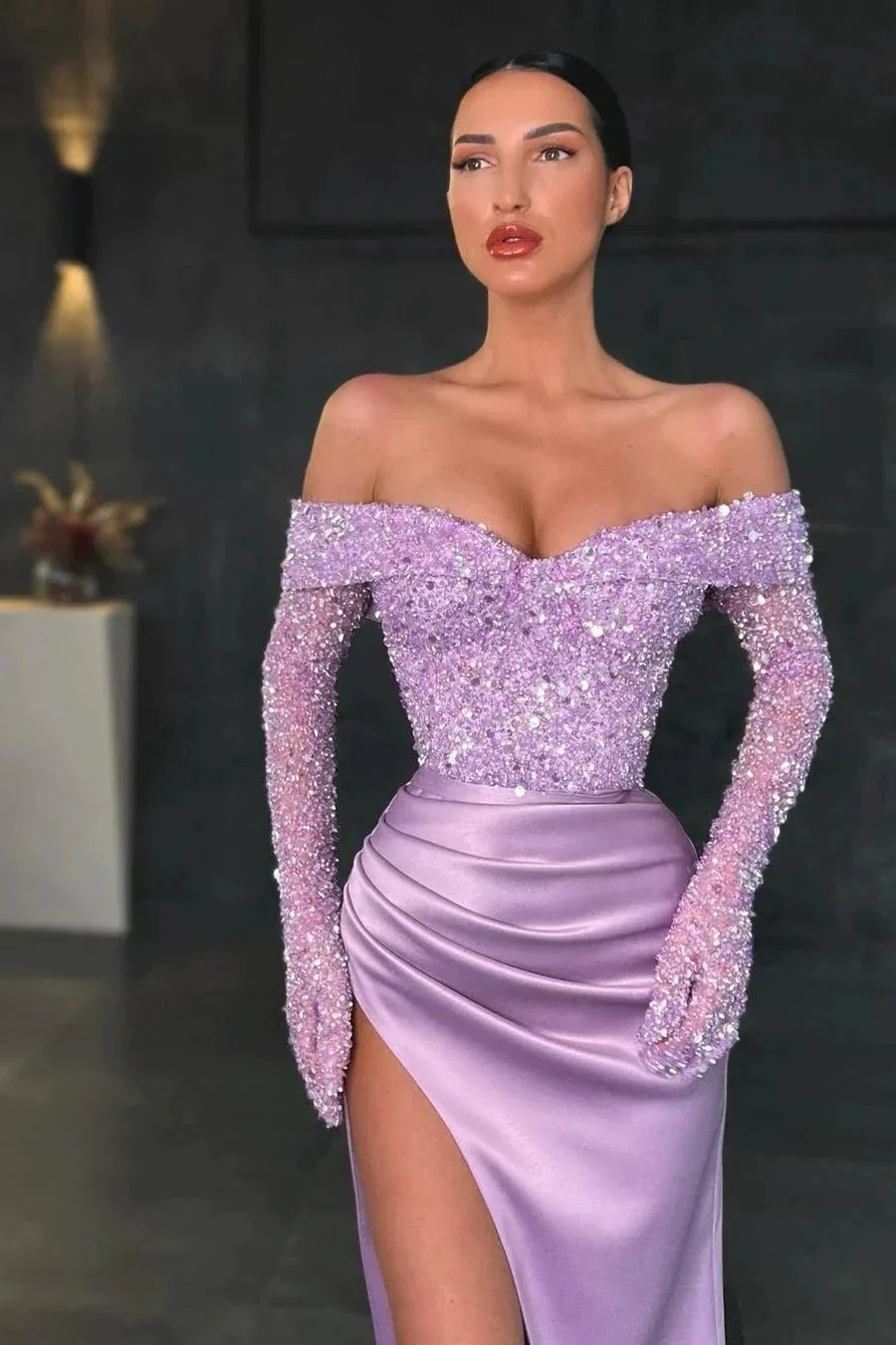 Long Sleeves Mermaid Off the shoulder Satin Sequins Prom Dress With Slit - Image 2