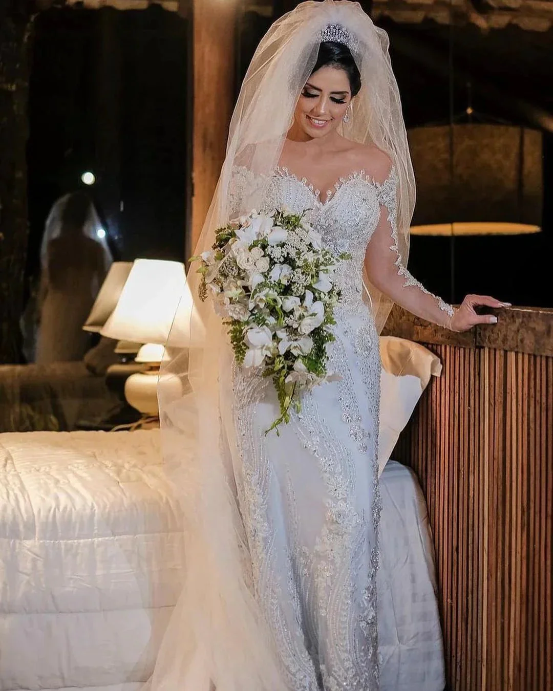 Long Sleeves Mermaid Off-the-shoulder Tulle Wedding Dress with Appliques Lace - Image 3