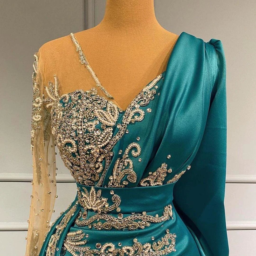 Long Sleeves Mermaid V-neck Satin Prom Dress with Side Swept Wrap - Image 4