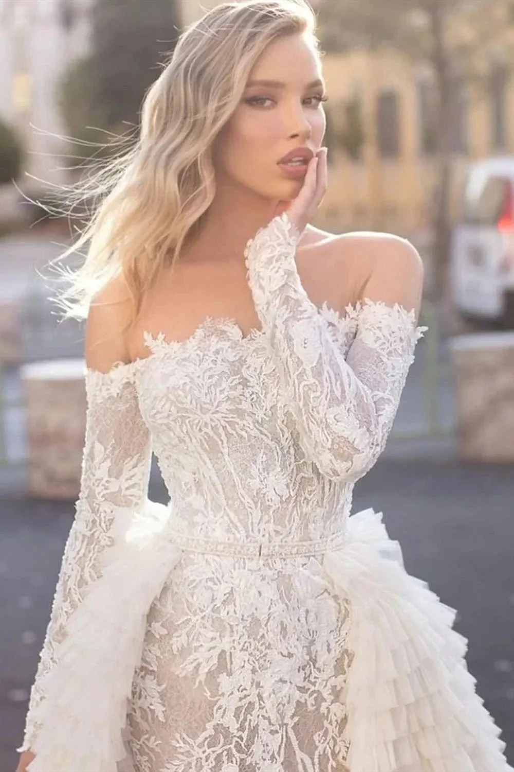 Long Sleeves Off the Shoulder Mermaid Wedding Dress With Train - Image 3
