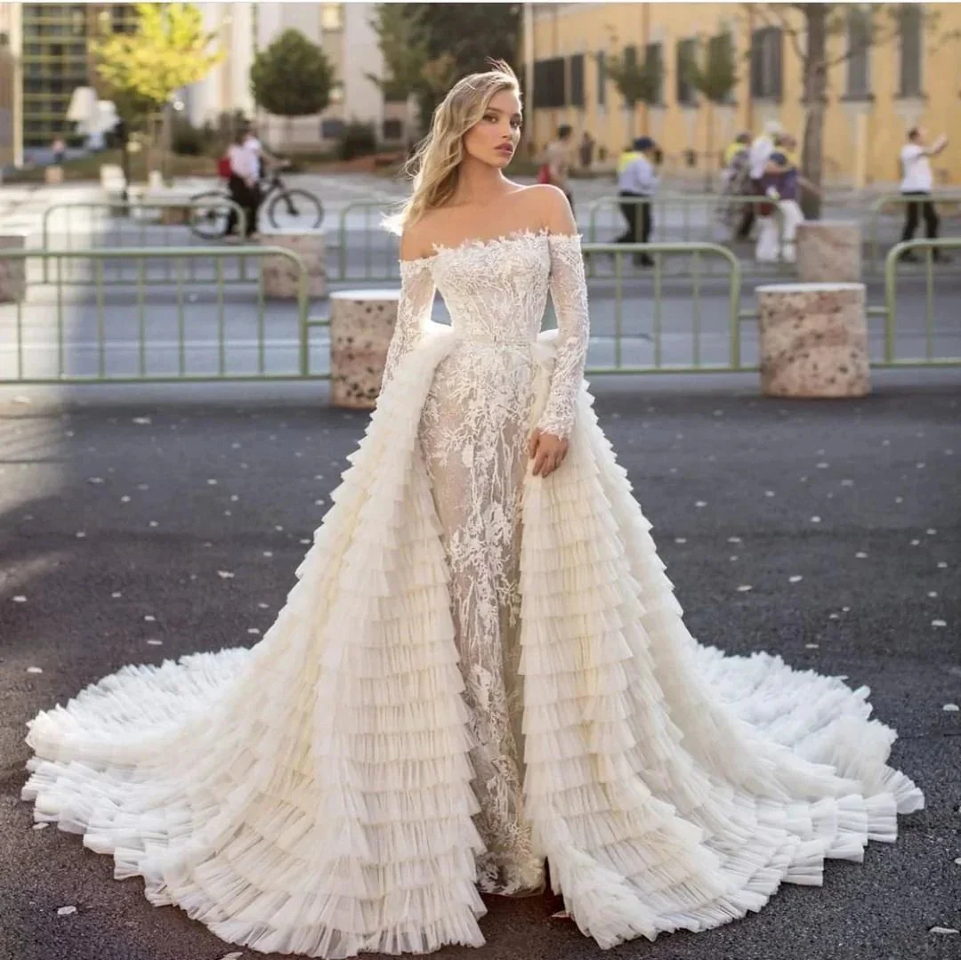 Long Sleeves Off the Shoulder Mermaid Wedding Dress With Train - Image 5