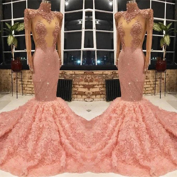 Long Sleeves Pink Prom Dress Mermaid Appliques With Flowers Bottom - Image 2