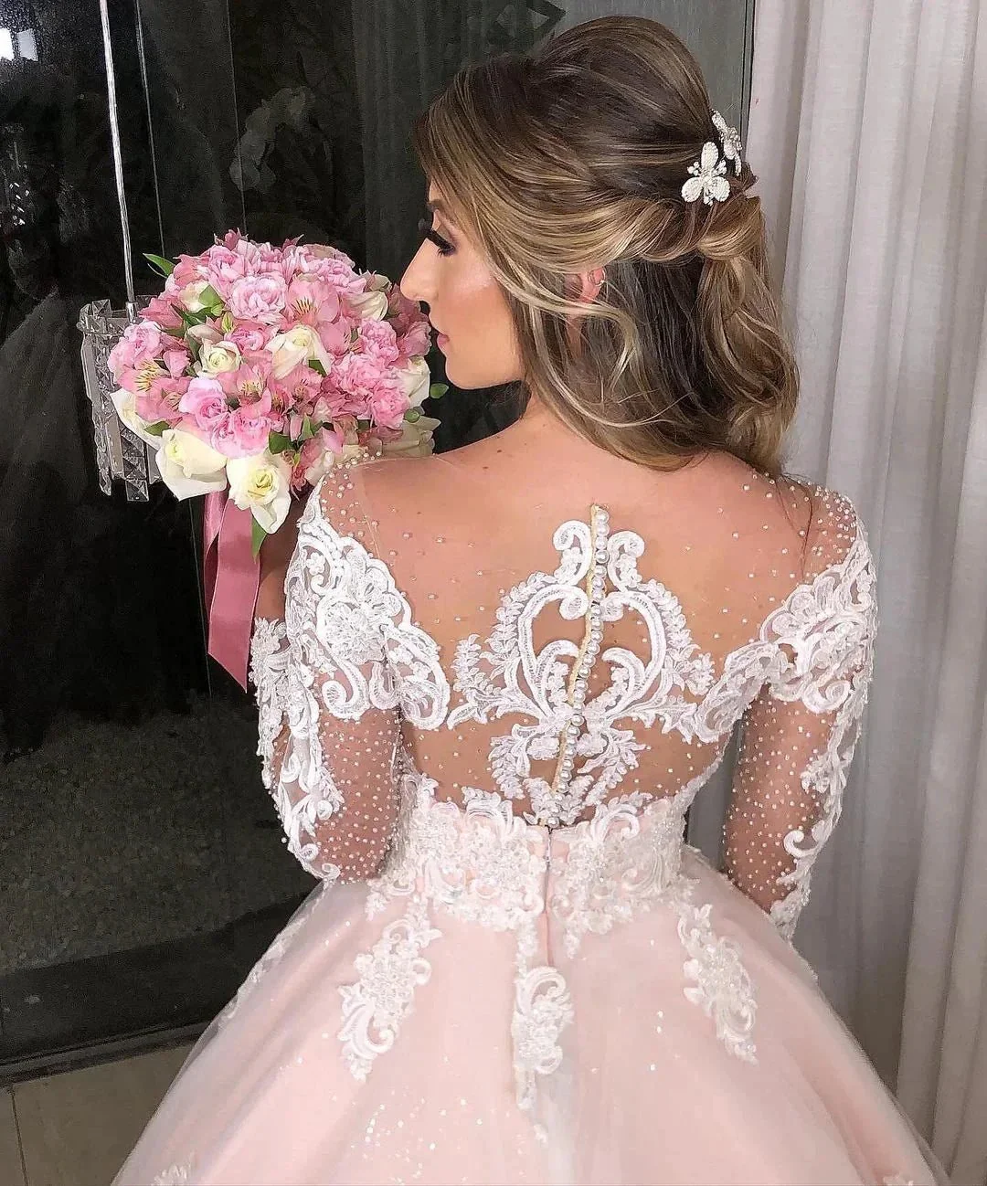 Long Sleeves Princess Off-the-shoulder Tulle Floral Lace Appliques Wedding Dress - Image 2