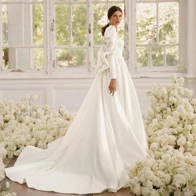 Long Sleeves Satin Wedding Dresses For Women With Bow Bridal Gowns Sweetheart Vestido De Noiva Robe Floor Length Custom 2023 - Image 2