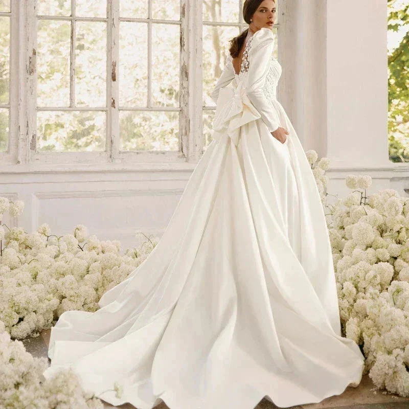 Long Sleeves Satin Wedding Dresses For Women With Bow Bridal Gowns Sweetheart Vestido De Noiva Robe Floor Length Custom 2023 - Image 3