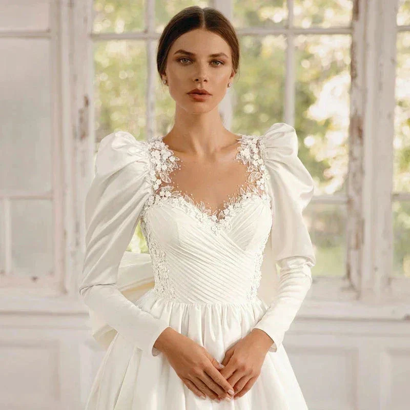 Long Sleeves Satin Wedding Dresses For Women With Bow Bridal Gowns Sweetheart Vestido De Noiva Robe Floor Length Custom 2023 - Image 4