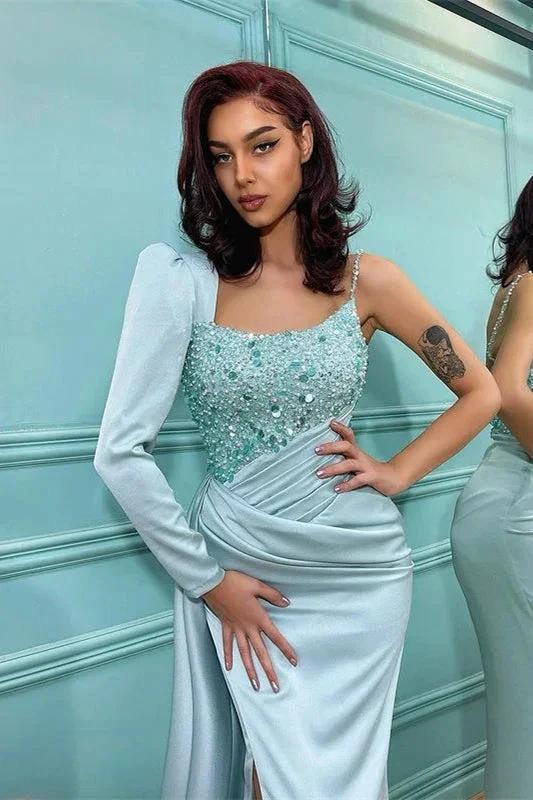 Long Sleeves Sequins Mermaid Satin Prom Dress with Slit - Image 2