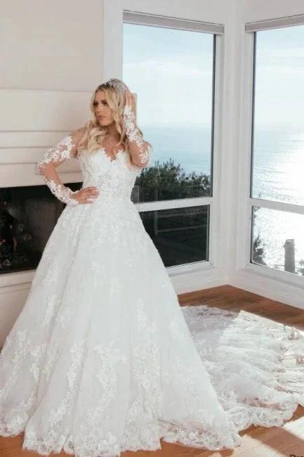 Long Sleeves Sweetheart A-Line Princess Wedding Dress with Lace - Image 4