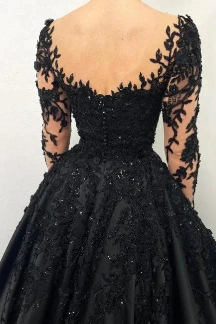 Long sleeves Sweetheart Black Princess Ball gown Evening Dress - Image 3