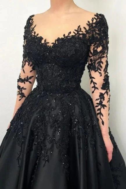 Long sleeves Sweetheart Black Princess Ball gown Evening Dress - Image 4