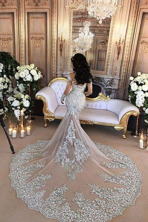 Long Sleeves Tulle High Neck Appliques Lace Wedding Dresses with Detachable Overskirt - Image 2