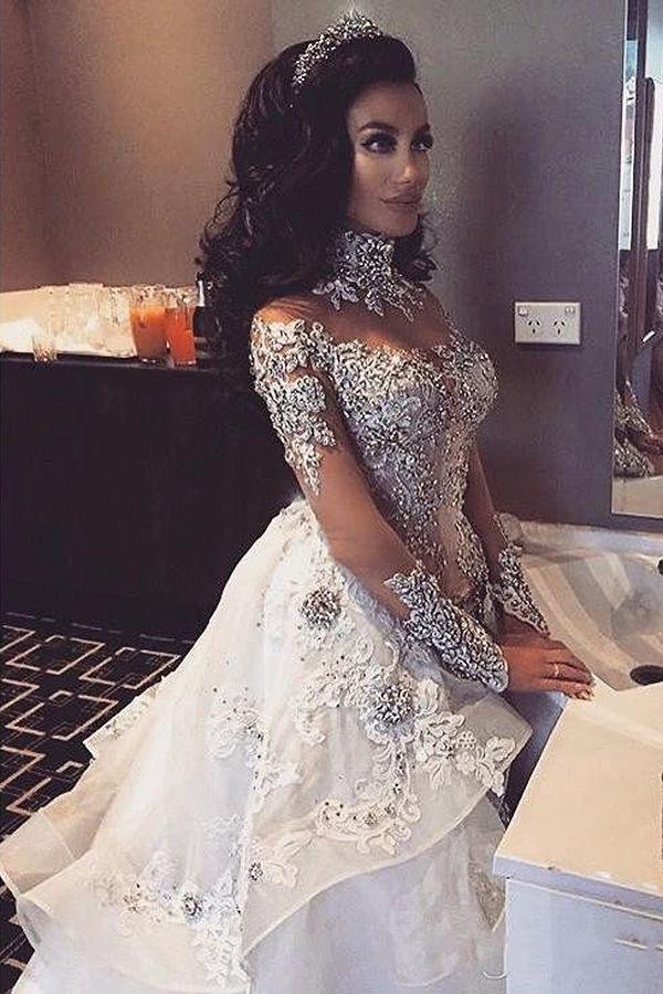 Long Sleeves Tulle High Neck Appliques Lace Wedding Dresses with Detachable Overskirt - Image 3