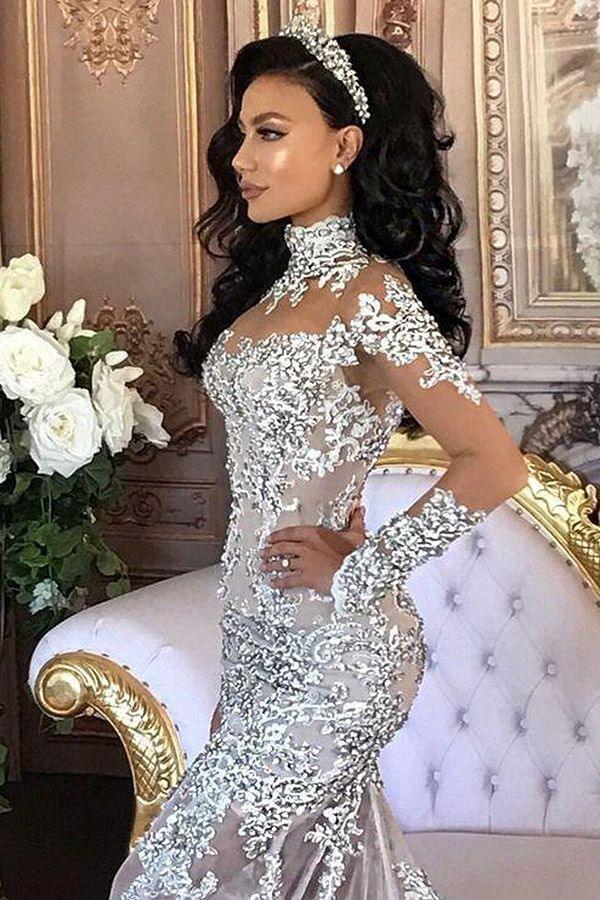 Long Sleeves Tulle High Neck Appliques Lace Wedding Dresses with Detachable Overskirt - Image 4