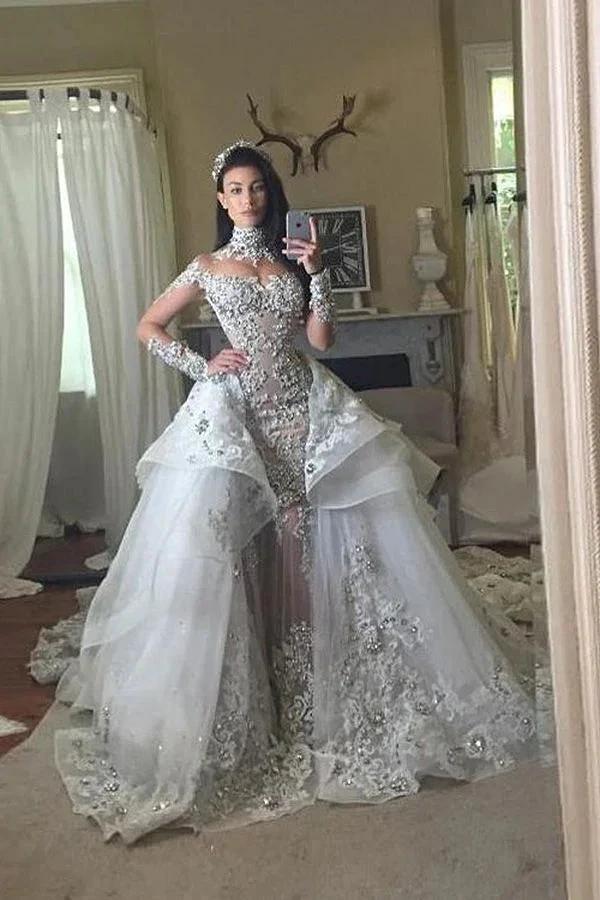 Long Sleeves Tulle High Neck Appliques Lace Wedding Dresses with Detachable Overskirt - Image 5