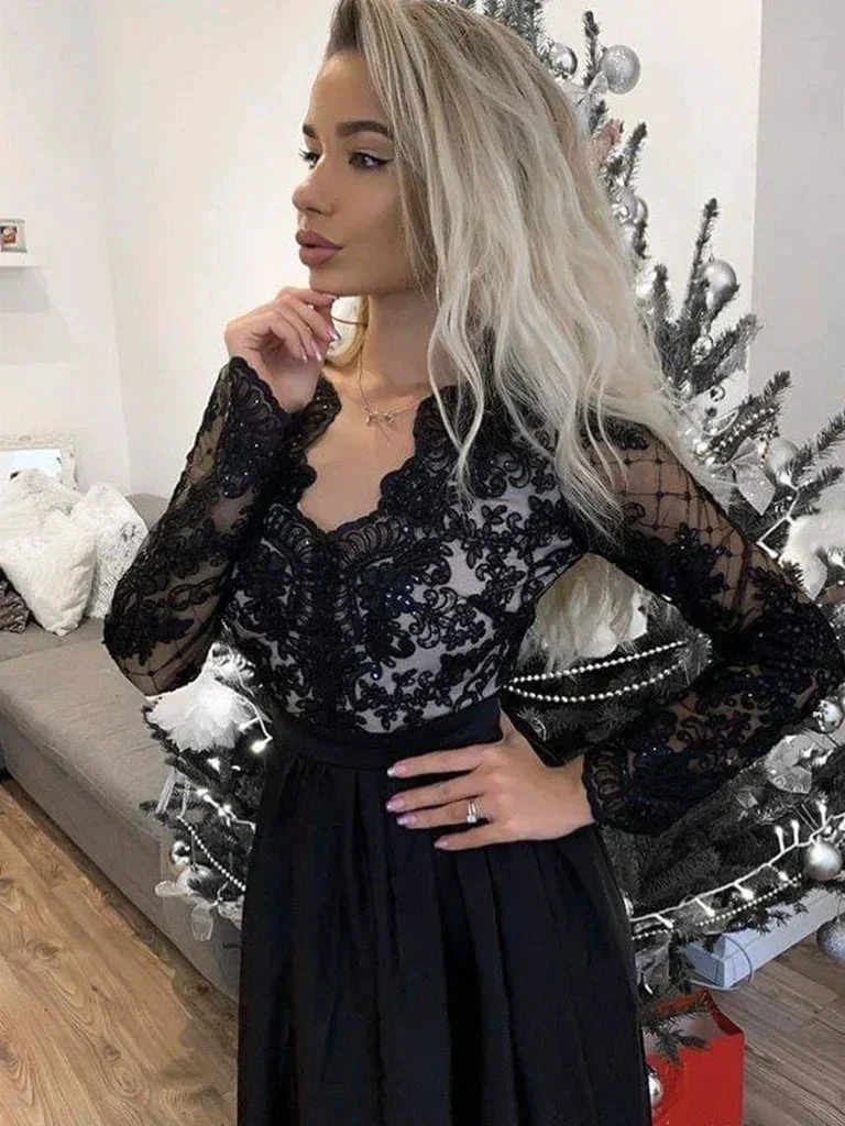 Long Sleeves V Neck Black Lace Prom Dresses, Long Sleeves Black Lace Formal Evening Dresses Y235 - Image 3