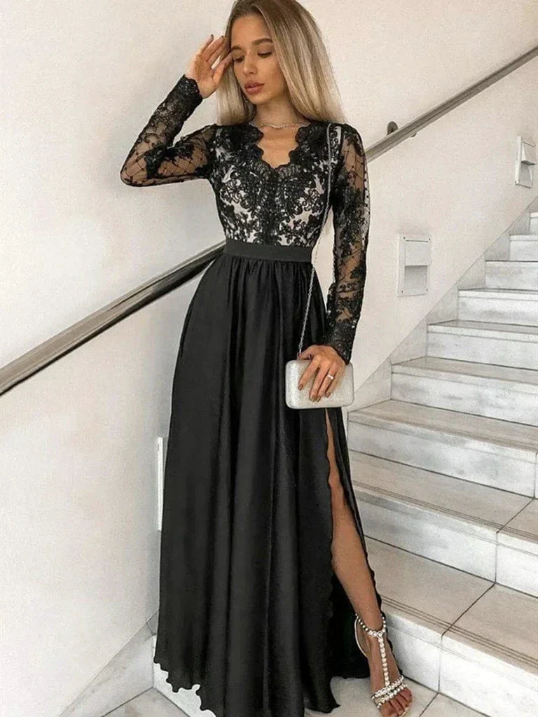 Long Sleeves V Neck Black Lace Prom Dresses, Long Sleeves Black Lace Formal Evening Dresses Y235 - Image 4