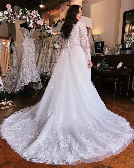Long Sleeves V-Neck Plus Size Chiffon Wedding Dress - Image 2