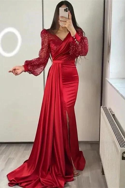 Long Sleeves V-neck Satin Mermaid Prom Dresses with Split - Image 2