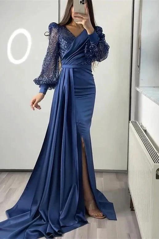 Long Sleeves V-neck Satin Mermaid Prom Dresses with Split - Image 3