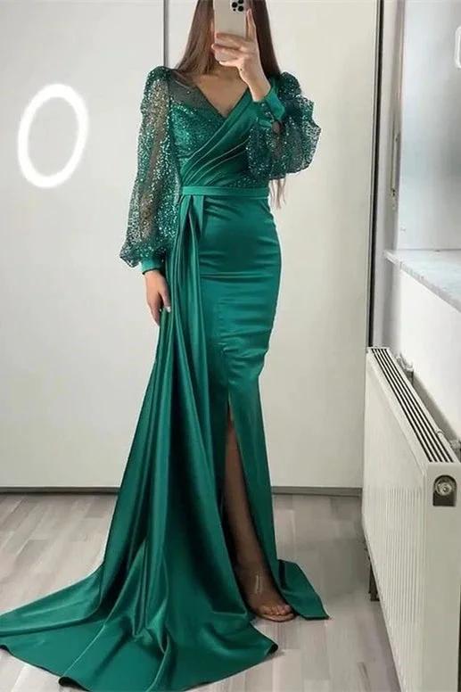 Long Sleeves V-neck Satin Mermaid Prom Dresses with Split - Image 4