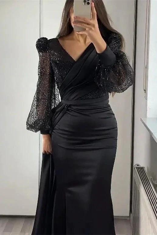Long Sleeves V-neck Satin Mermaid Prom Dresses with Split - Image 5