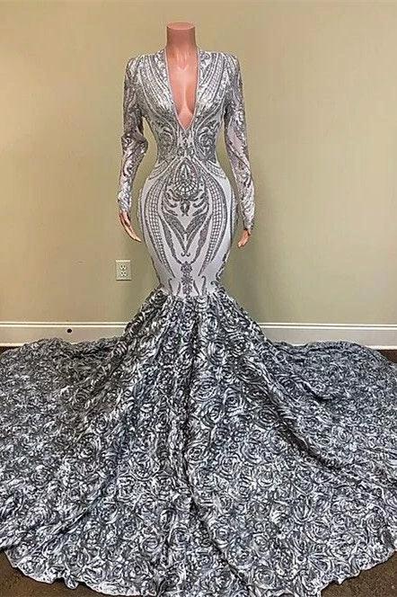 Long Sleeves V-Neck Sequins Lace Mermaid Prom Dress with Flowers Bottom - Image 2
