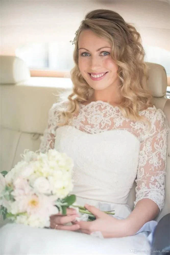Half Sleeve Lace Wedding Dress Off-the-ShoulderV Back Bohemian Bridal Gown - Image 2