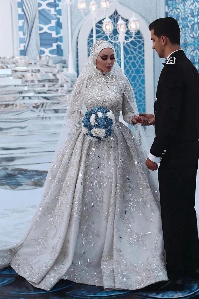 Gorgeous Sequins Bridal Gown Long Sleeves Highneck Sweep Train - Image 2