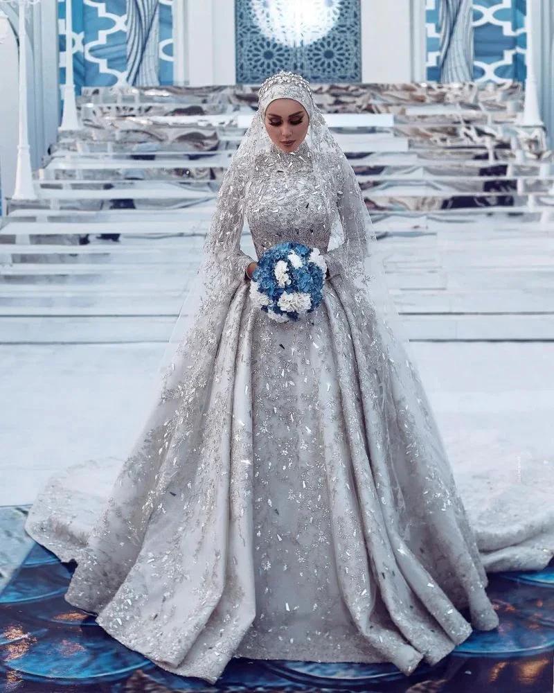 Gorgeous Sequins Bridal Gown Long Sleeves Highneck Sweep Train - Image 3