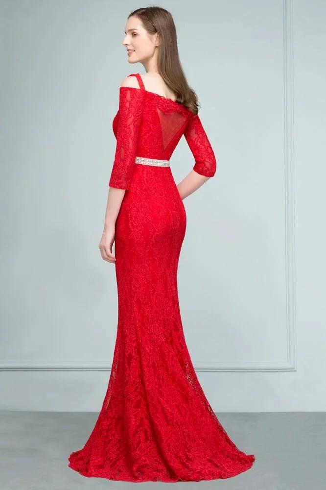 Long Spaghetti Off-shoulder Mermaid Lace Prom Dresses with Sleeves and Sash - Image 2
