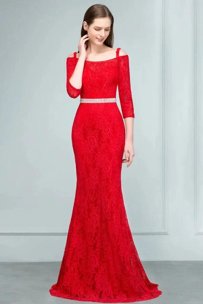 Long Spaghetti Off-shoulder Mermaid Lace Prom Dresses with Sleeves and Sash - Image 3