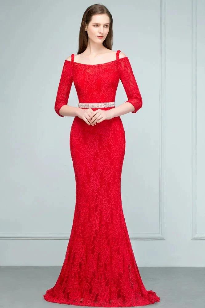 Long Spaghetti Off-shoulder Mermaid Lace Prom Dresses with Sleeves and Sash - Image 4