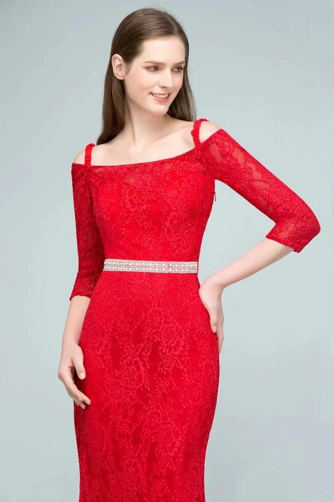 Long Spaghetti Off-shoulder Mermaid Lace Prom Dresses with Sleeves and Sash - Image 5