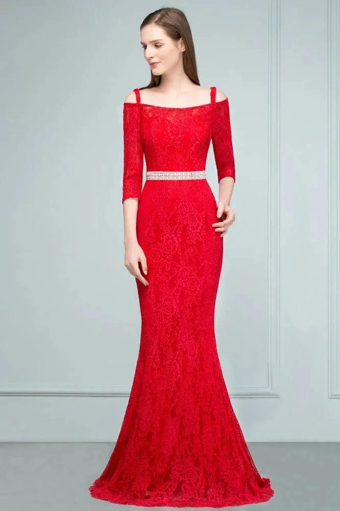 Long Spaghetti Off-shoulder Mermaid Lace Prom Dresses with Sleeves and Sash - Image 6