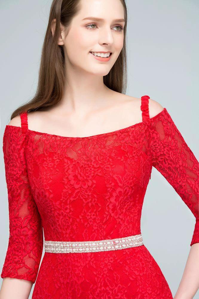 Long Spaghetti Off-shoulder Mermaid Lace Prom Dresses with Sleeves and Sash - Image 7