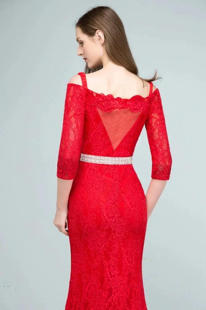 Long Spaghetti Off-shoulder Mermaid Lace Prom Dresses with Sleeves and Sash - Image 8