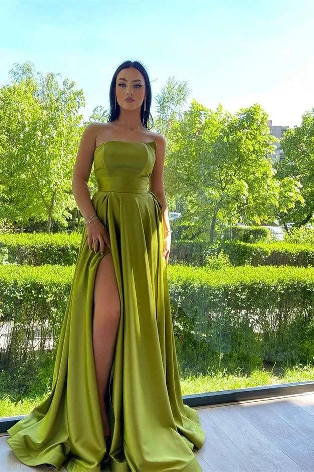 Long Strapless A-Line Satin Front Slit Prom Dresses with Pockets - Image 2