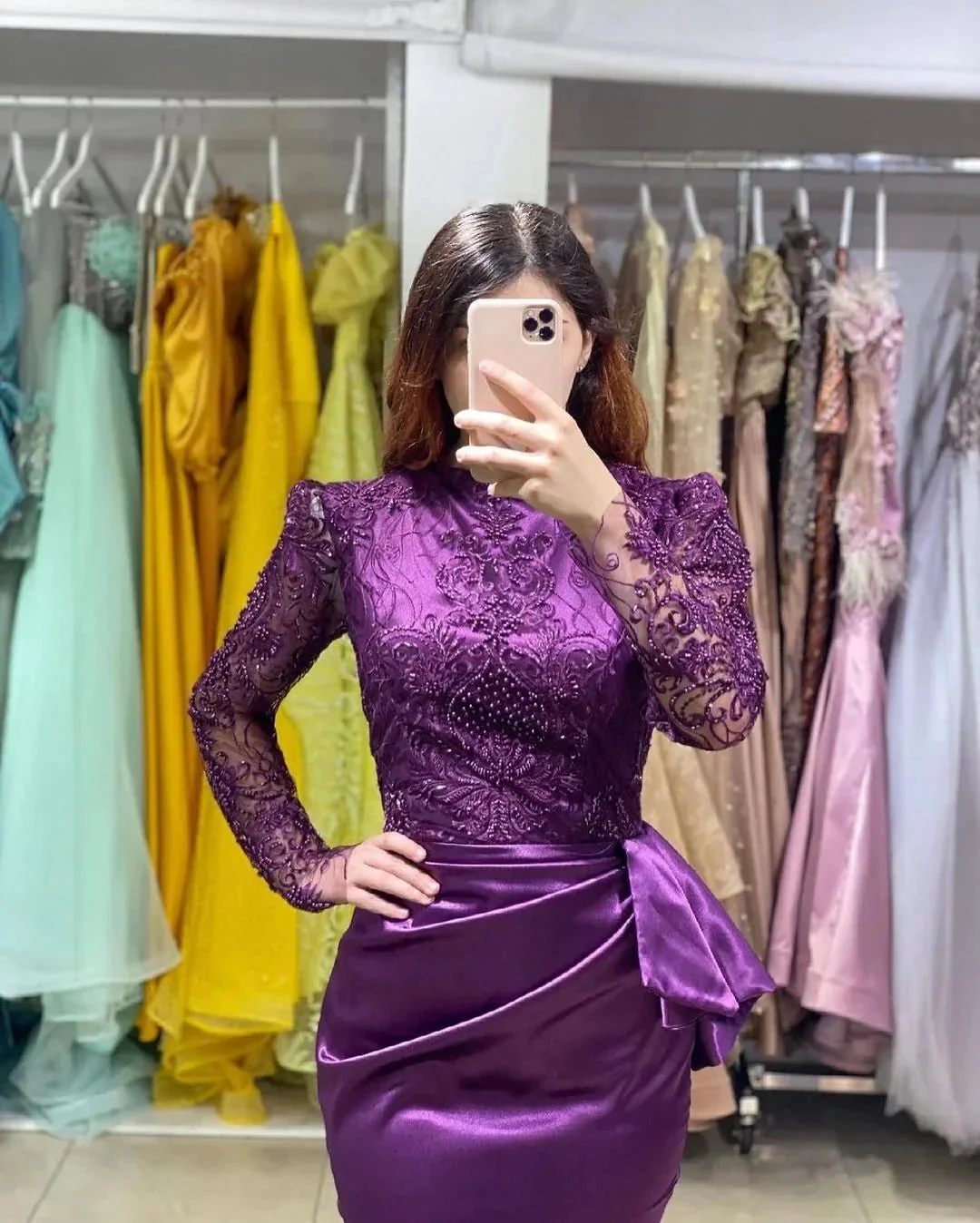 Long Stretch Satin Jewel Lace Mermaid Prom Dress with Sleeves - Image 2