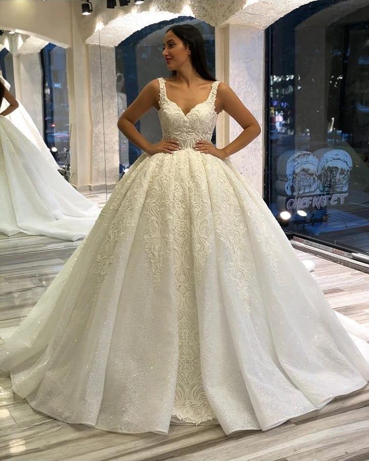 Long Sweetheart Backless Appliques Lace Sequins Ball Gown Wedding Dress - Image 2