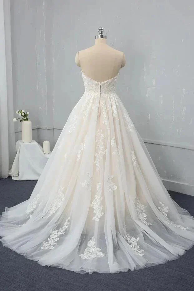 Long Sweetheart Backless Appliques Lace Tulle A-Line Wedding Dress - Image 2